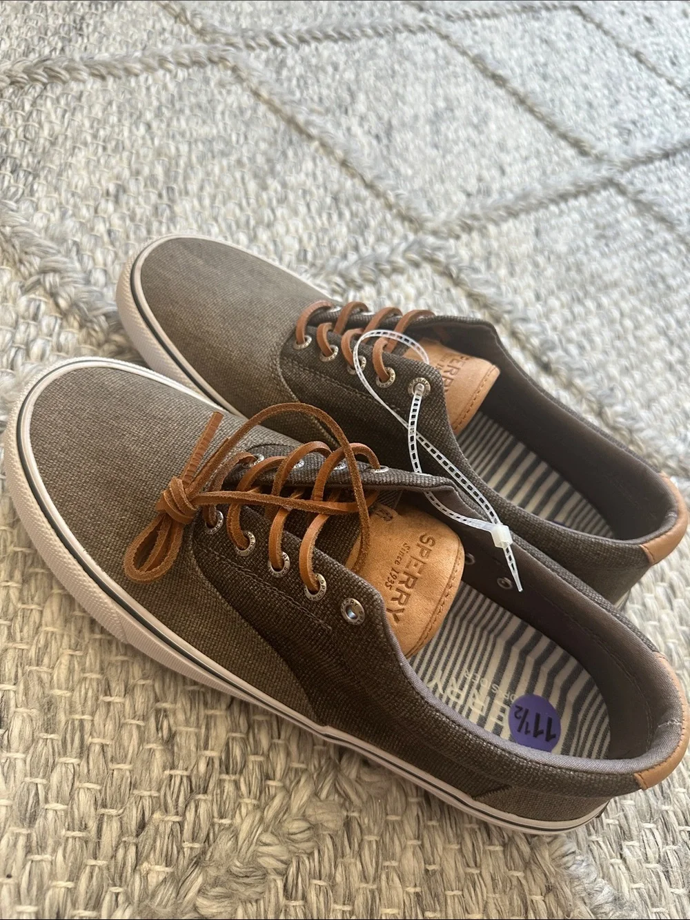 Sperry Brown Canvas Boat Shoes with White Laces